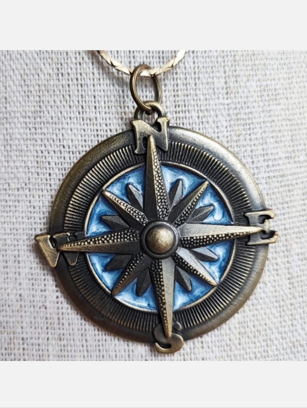 COMPASS Light Blue Pearlized Enamel Brass Tone Necklace Large Pendant Unsigned